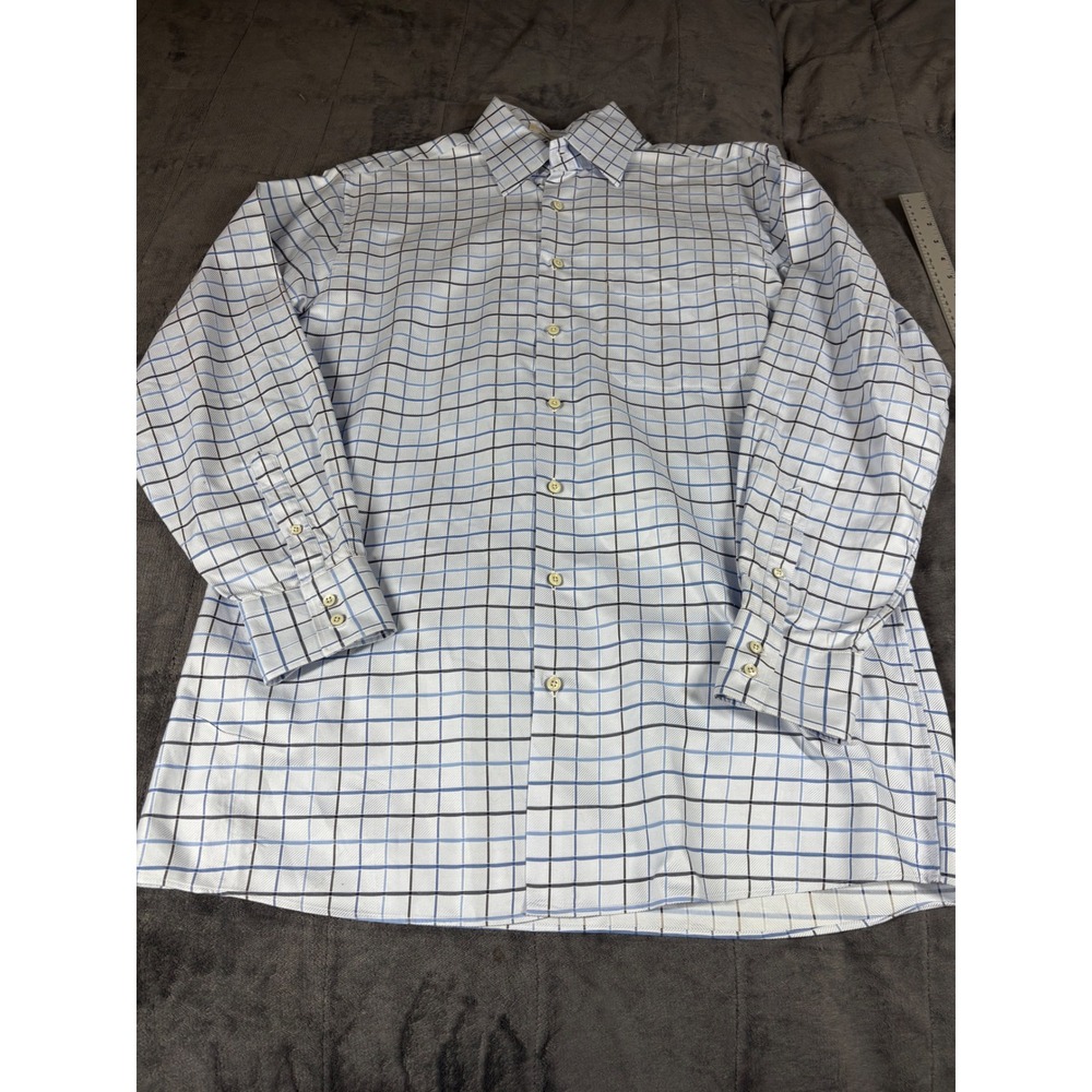 John W Nordstrom Mens Blue Grid Check Cotton Italian Fabric Shirt L Tall